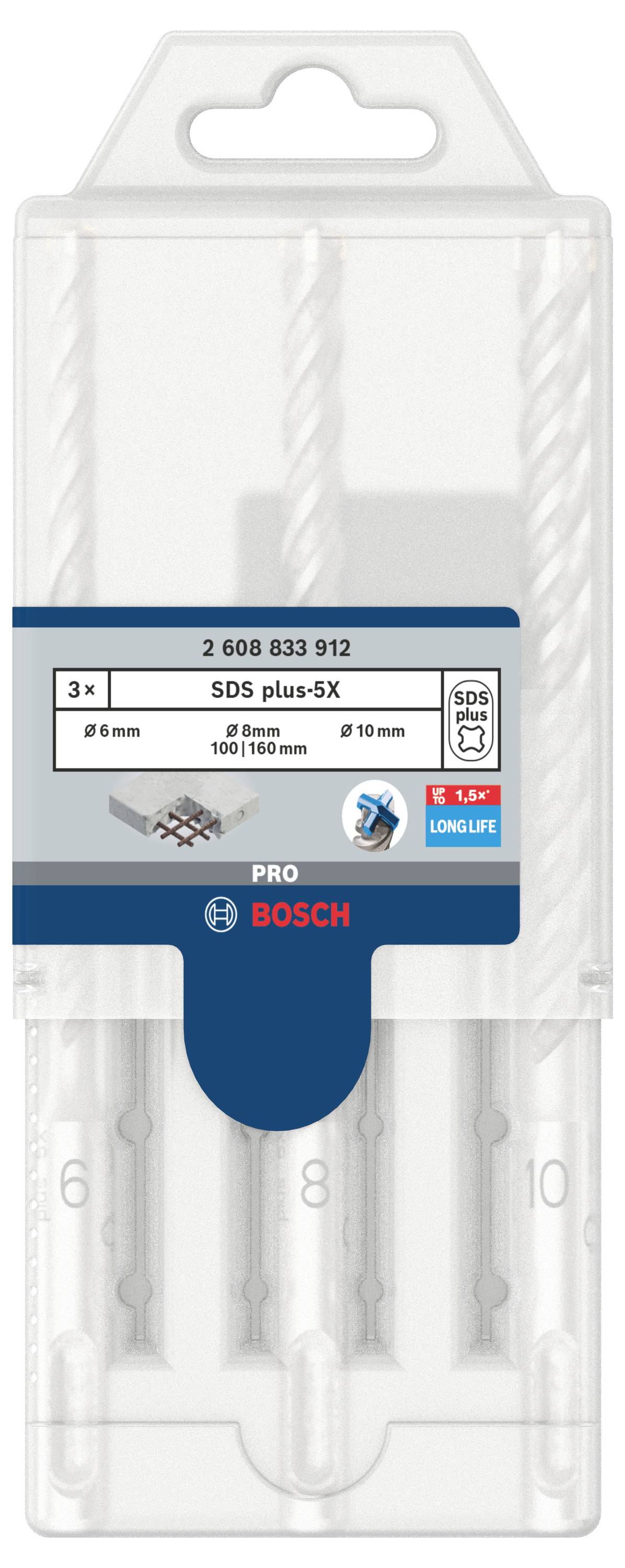 Sada vrtáků Bosch, 'SDS plus-5X', obsahuje 3 vrtáky v různých velikostech: 6 mm, 8 mm, 10 mm.