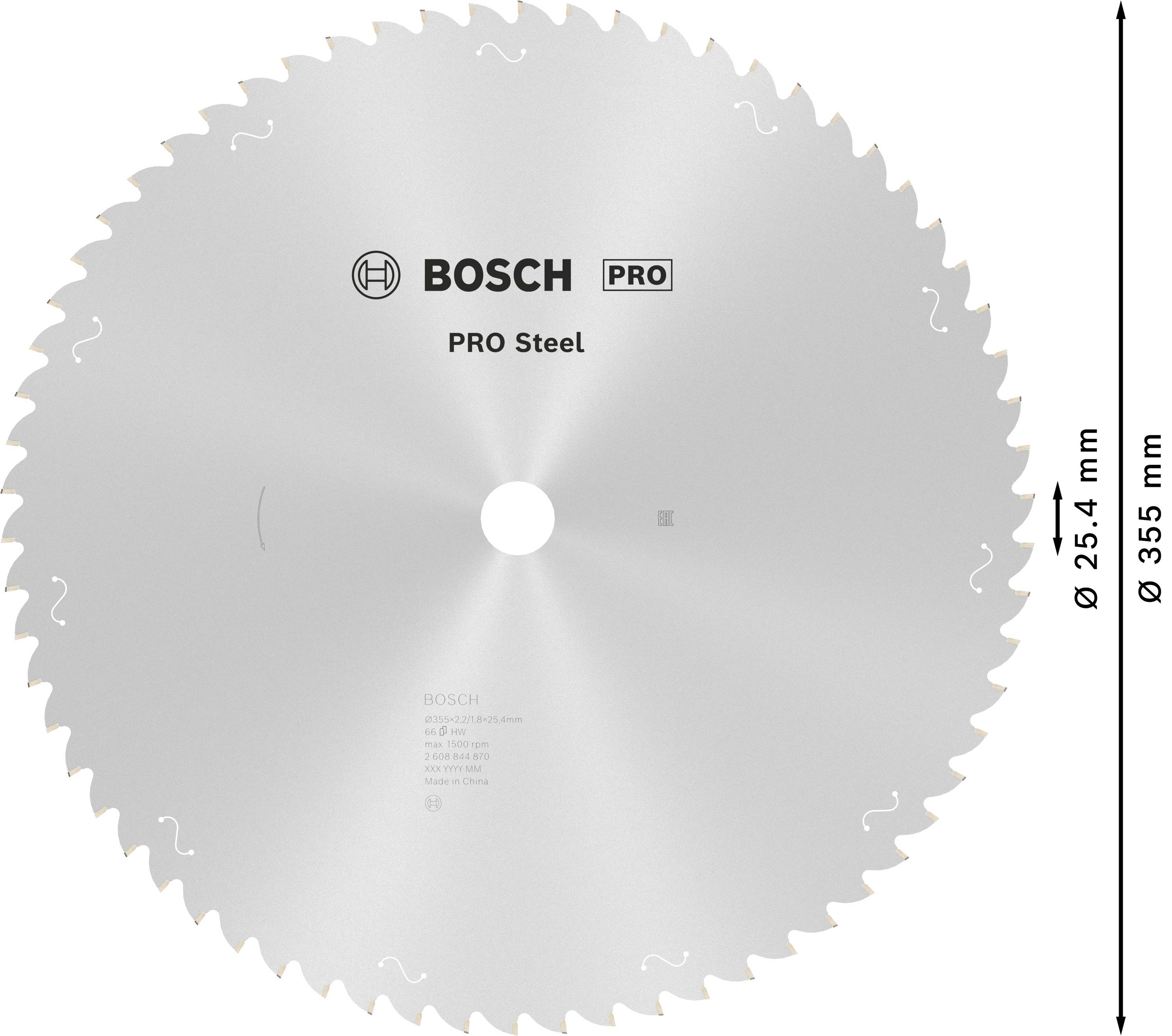 Pilový kotouč s nápisem 'BOSCH PRO Steel'. Průměr 355 mm, velikost otvoru 25,4 mm. Stříbrné barvy se zuby s ostrými hranami.