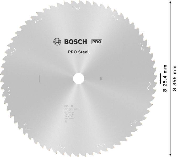 Stříbrná kotoučová pila Bosch, model 'PRO Steel', s průměrem 355 mm a vnitřním otvorem 25,4 mm.