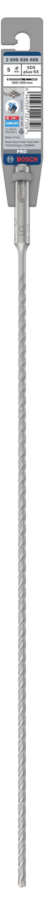 Stříbrný vrták s štítkem nahoře. Štítek zobrazuje produktové informace a je především v modré a bílé barvě.