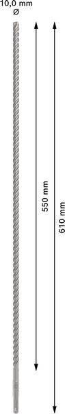 Dlouhý, vroubkovaný kovový prut o průměru 10,0 mm a celkové délce 610 mm, přičemž 580 mm je zvlněno.