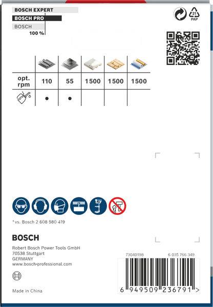 Zadní strana obalu s technickými informacemi o nástroji. Zobrazuje doporučené otáčky a symboly pro použití.