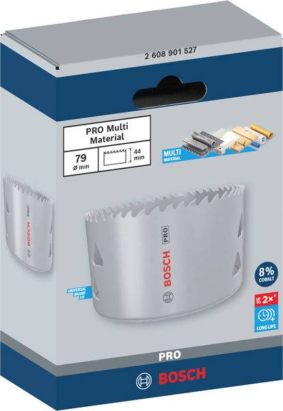Balení Bosch Pro děrovací pily, průměr 79 mm, hloubka řezu 44 mm, vhodné pro různé materiály, 8% podíl kobaltu.