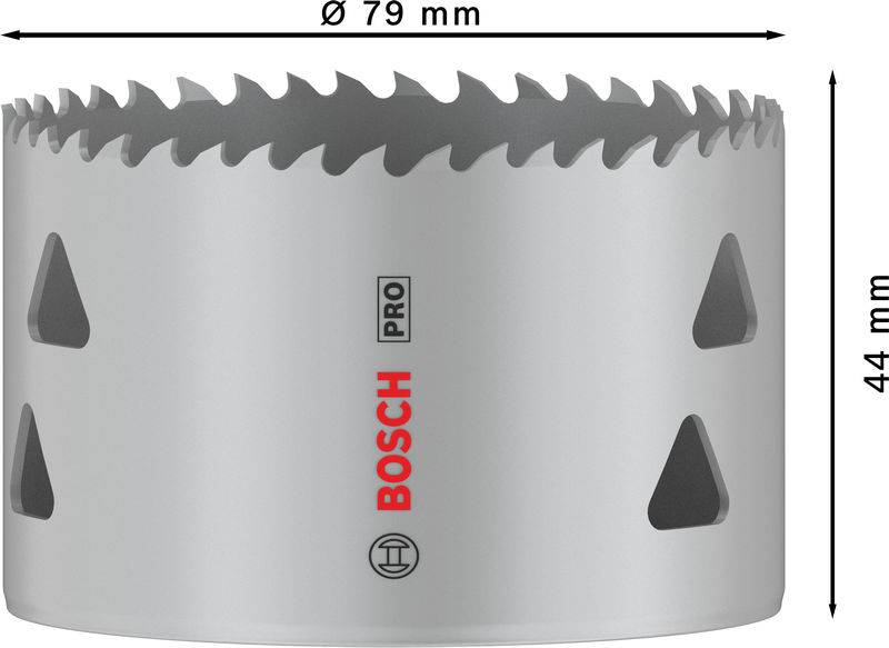Díra pily 'Bosch Pro' o průměru 79 mm a hloubce 44 mm. Kulatý tvar se zoubkovanými okraji. Vhodná pro přesné vrtání do různých materiálů.