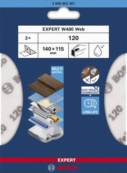 Balení brusného papíru 'EXPERT W480 Web' 120 zrnitost, 140 x 115 mm. Vhodné pro dřevo a lak. Obsahuje flexibilní technologii Flexi-Web.