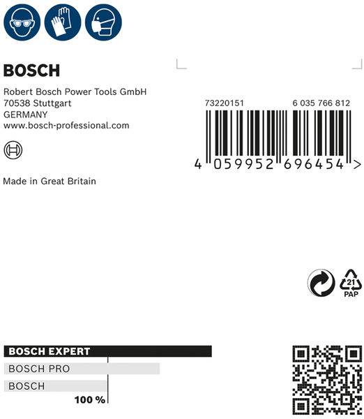 Etiketa obalu výrobku Bosch s čárovými kódy, QR kódem a textem: 'Robert Bosch Power Tools GmbH, 70538 Stuttgart, Vyrobeno ve Velké Británii'.