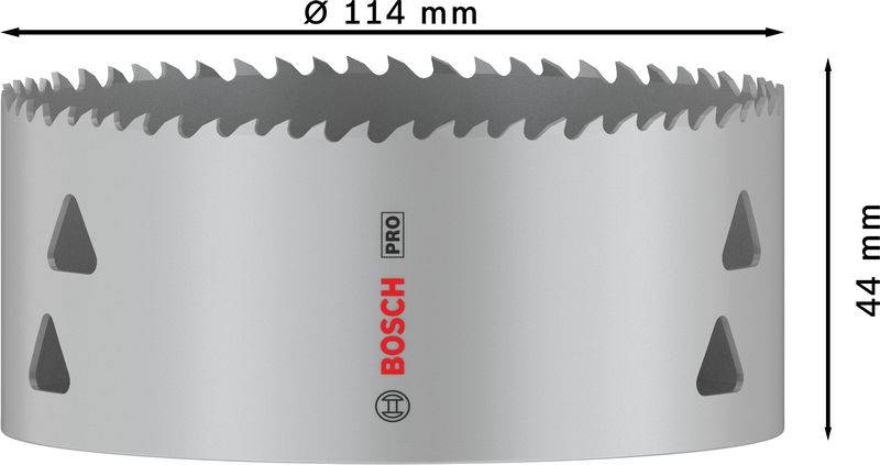 Kovová děrovací pila s průměrem 114 mm a výškou 44 mm. Označení 'BOSCH PRO' v červené a černé barvě.