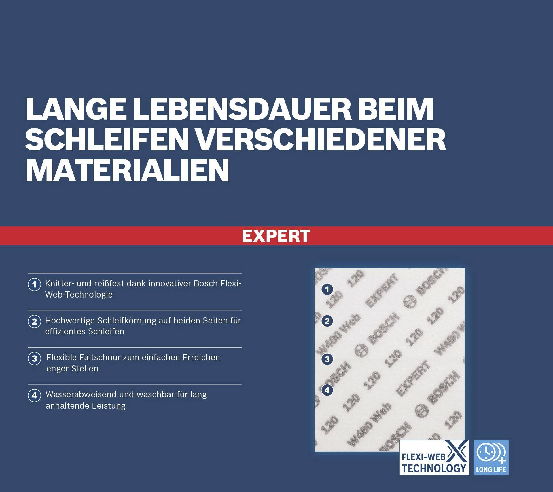 Reklama na brusný papír s dlouhou životností díky technologii Bosch Flex-Web. Vlastnosti: nezmačkatelný, efektivní, vodoodpudivý.