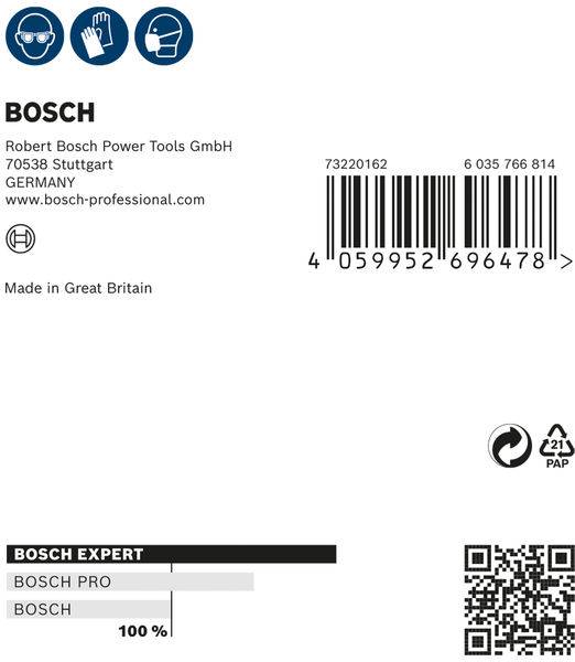 Etiketa produktu Bosch s čárovým kódem, QR kódem a symbolem recyklace. Informace o místě výroby a materiálech.