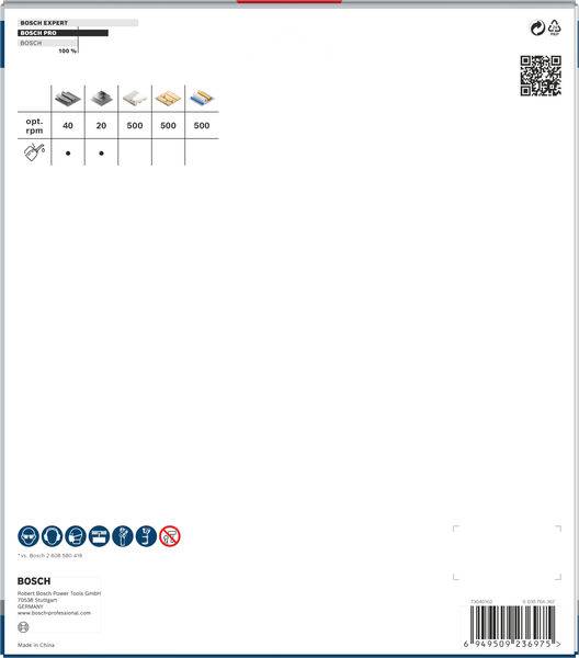 Návod na použití s obrázky a texty ke správnému používání brusného papíru Bosch pro různé materiály a otáčky