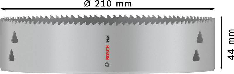 Pilový kotouč, průměr 210 mm, výška 44 mm, značka Bosch, s trojúhelníkovými větracími drážkami a ozubeným věncem nahoře.