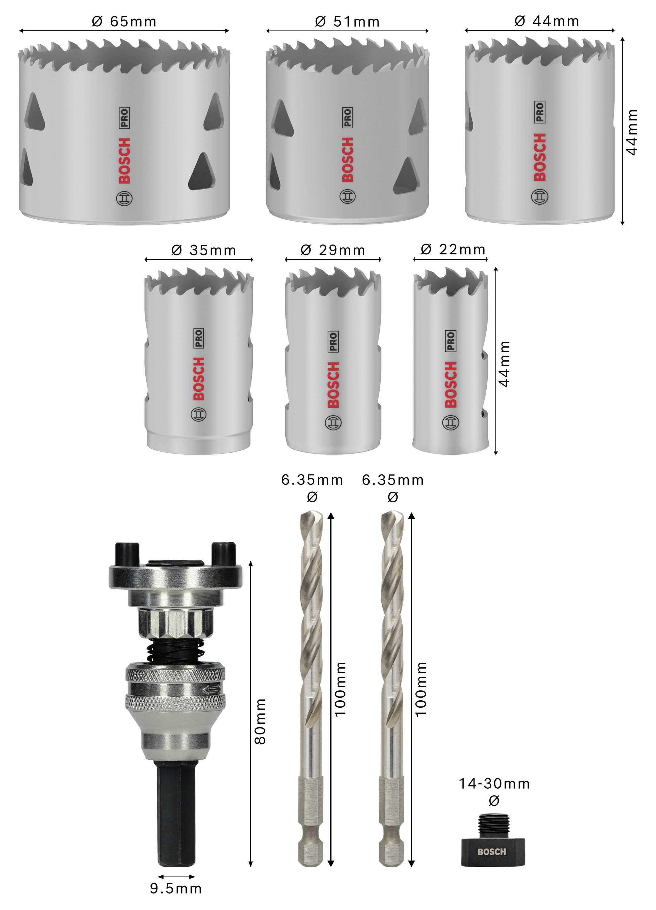 Sada šesti děrovacích pil s průměry od 22 do 65 mm, adaptérem pro šroubovák a dvěma vrtáky. Logo Bosch na pilách.