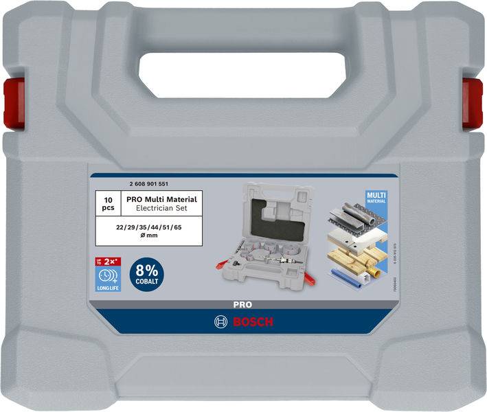 Šedý kufřík s nářadím s logem Bosch, obsahuje vrtáky pro různé materiály. Opatřen štítkem se specifikacemi.