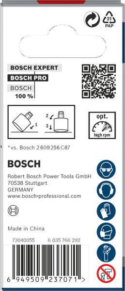 Zadní strana obalu vrtačky Bosch. Obsahuje QR kód, pokyny k použití, údaje o výrobci z Německa a bezpečnostní symboly.