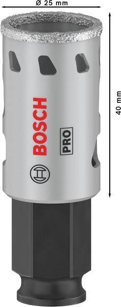Vrtáky s diamantovou hlavou značky Bosch, průměr 25 mm, délka 40 mm, vhodné pro tvrdé materiály.