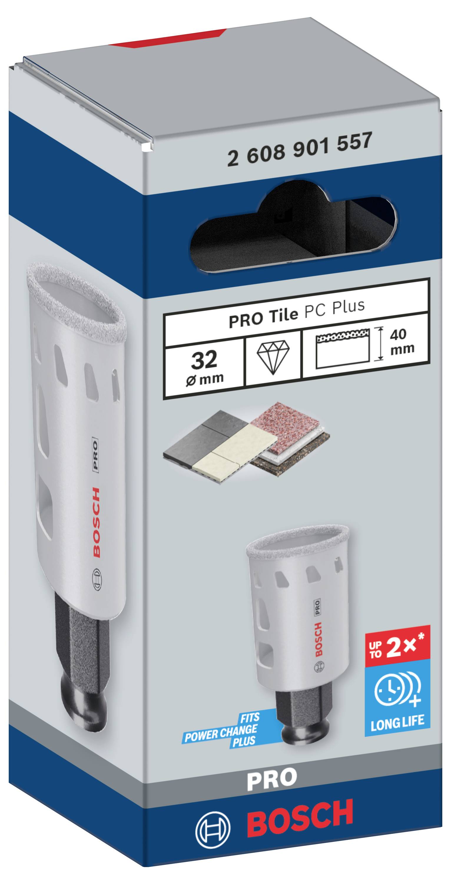 Balení Bosch PRO diamantové vrtací korunky, průměr 32 mm, hloubka 40 mm. Vhodné pro dlaždice, s adaptérem Power-Change.