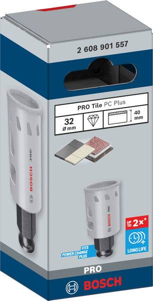 Balení vrtáku Bosch PRO pro obkladačky, 32 mm, určeného pro dlaždice a kámen. Produkt je trvanlivý a kompatibilní se systémem Power Change Plus.