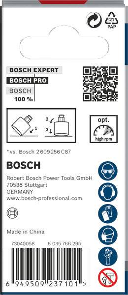Obal produktu Bosch Expert s QR kódem, symboly ekologické šetrnosti a recyklace a upozorněním na vysoké otáčky.