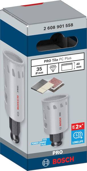 Sada vrtáků Bosch, model 'PRO Tile PC Plus', průměr 35 mm, určená pro obklady. Obrázek povrchů obkladů.