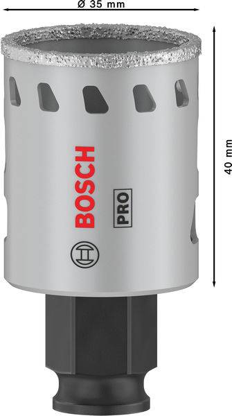 Nástavec vrtáku s děrovkou, značka 'Bosch'. Průměr: 35 mm, výška: 40 mm, stříbrná barva. Vhodný pro profesionální použití.
