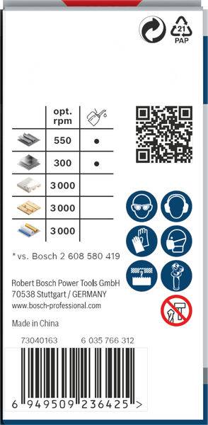 Balení pro nářadí Bosch Power Tools, zobrazující maximální otáčky pro různé materiály. Obsahuje QR kód a bezpečnostní symboly.