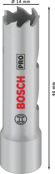 Pilová korunka Bosch Pro, průměr 14 mm, výška 44 mm. Nástroj je stříbrné barvy a potištěný červeným logem Bosch.