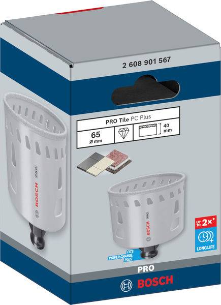 Obal vrtací korunky Bosch 'PRO Tile PC Plus', průměr 65 mm, s obrázky dlaždicových materiálů, logem a produktovým kódem.