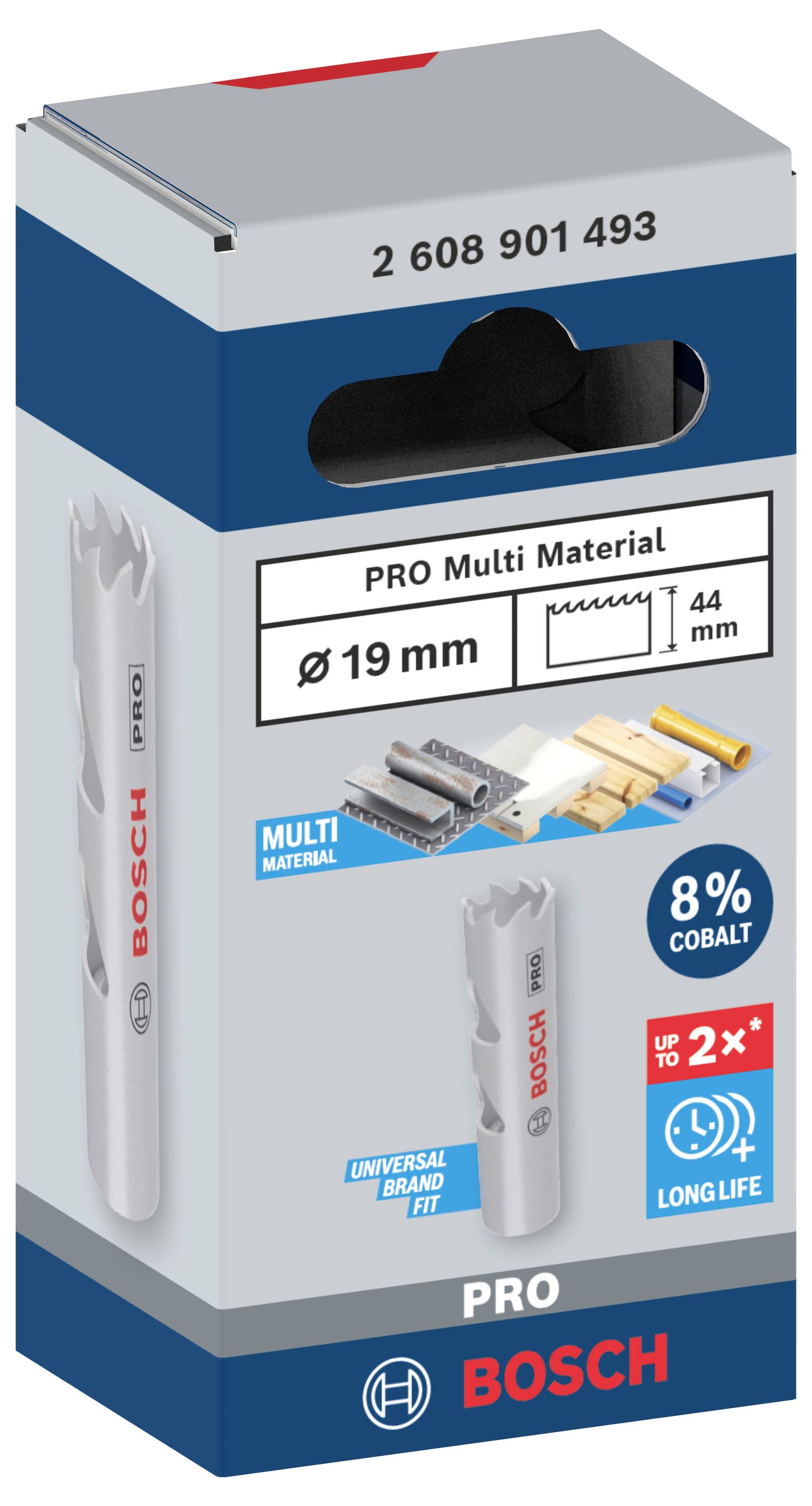 Balení pro Bosch děrovací pilu, model PRO Multi Material, průměr 19 mm, délka 44 mm, vhodné pro různé materiály.