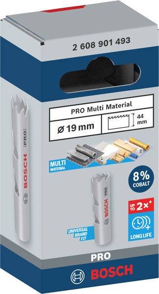 Obal děrovací pily Bosch pro různé materiály, průměr 19 mm. Obsahuje symbol 8% kobaltu a upozornění 'Vydrží až 2x déle'.