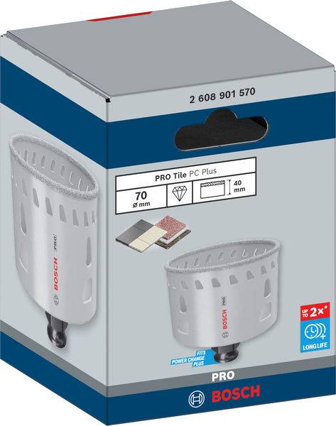 Obal pilového nástavce 'Bosch Pro Tile PC Plus', zobrazující ilustraci produktu a zdůrazňující jeho trvanlivost; rozměry: 70 x 40 mm.