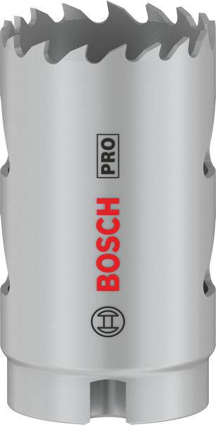 Vrtací koruna Bosch v cylindrickém tvaru se zubatým okrajem, stříbrné barvy, s červeným logem 'BOSCH' a černým nápisem 'PRO'.