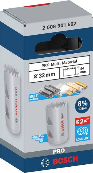 Balení Bosch děrovací pily 'PRO Multi Material', průměr 32 mm, 8% kobalt, kompatibilní s různými materiály.
