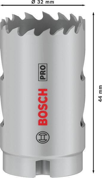 Děrovaná kovová pilová korunka s ozubeným věncem a logem 'BOSCH PRO', průměr 32 mm, výška 44 mm. Ideální pro přesné řezání různých materiálů.