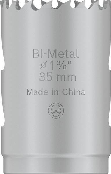 Šedý bi-kovový vrták s nápisem 'Bi-Metal Ø 1 3/8" 35 mm Vyrobeno v Číně'.