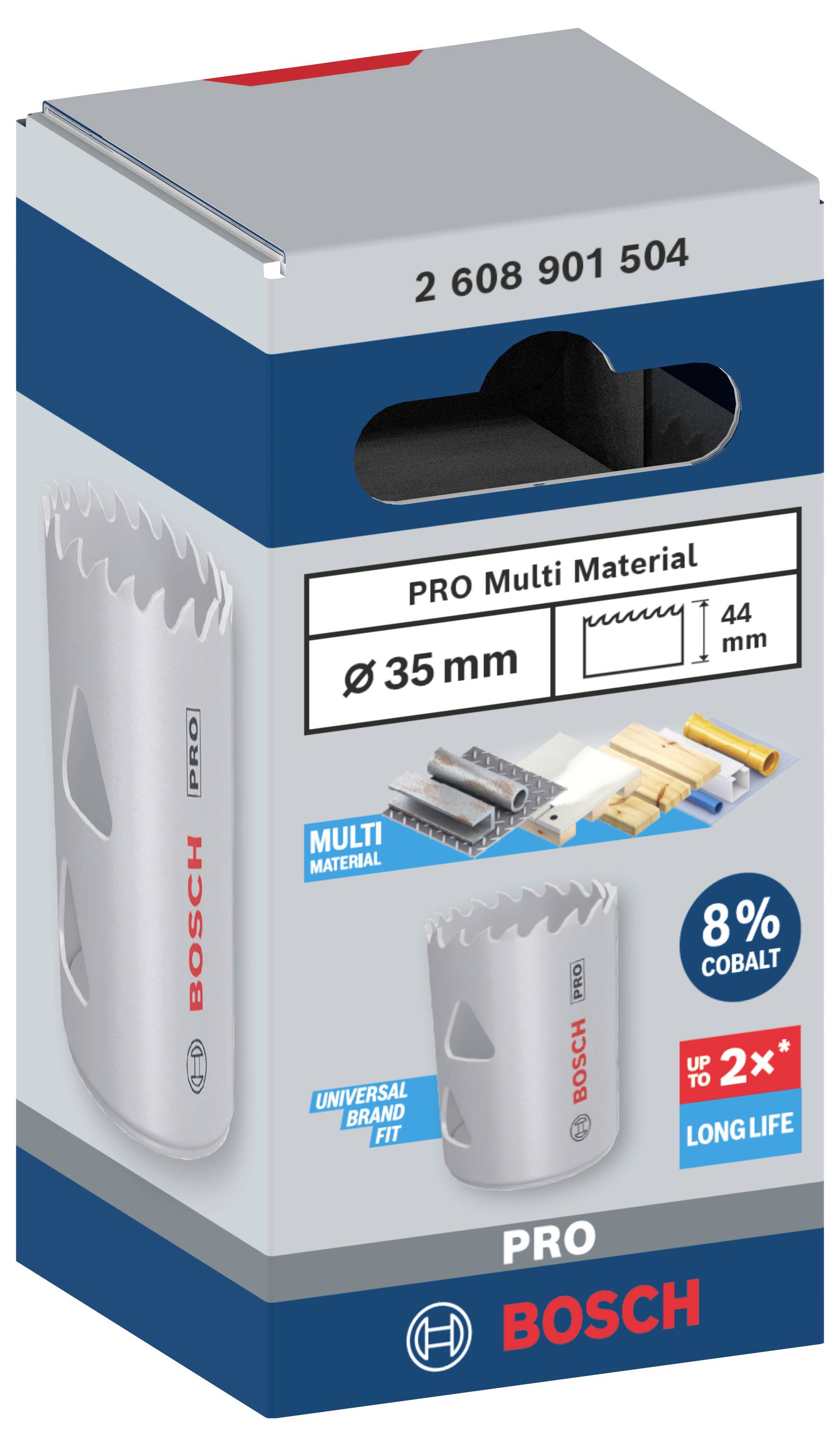 Balení vrtáku s nápisem 'PRO Multi Materiál', průměr 35 mm, obsahuje obrázek materiálů a upozornění na dlouhou životnost.