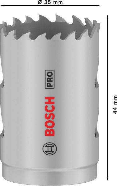 Vrtací koruna Bosch, průměr 35 mm, výška 44 mm, šedá barva s červeným a černým logem značky na straně.