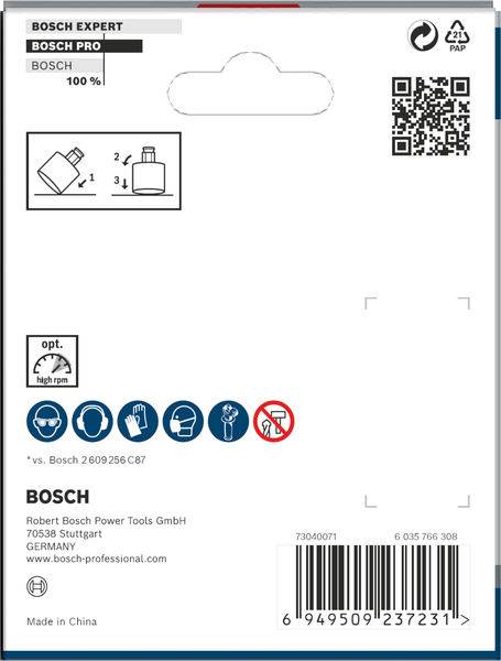 Obal produktu Bosch s QR kódem, čárovým kódem, bezpečnostními symboly a adresou zákaznického servisu ve Stuttgartu, Německo.