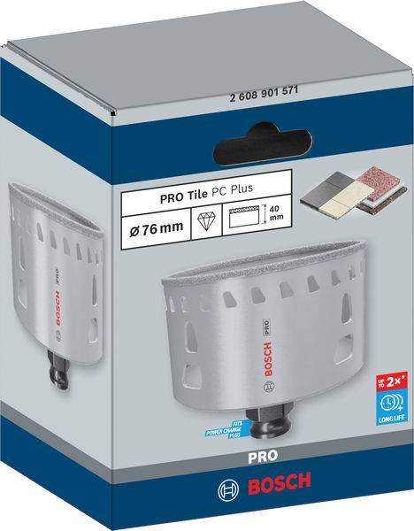 Balení Bosch PRO diamantové vrtací korunky. Průměr 76 mm. Vhodné pro dlažbu a stavební materiály až do hloubky 40 mm.