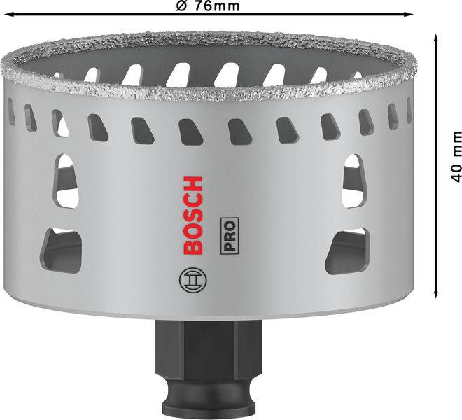 Vrtací koruna o průměru 76 mm a výšce 40 mm, šedé barvy s logem 'Bosch Pro', vhodná pro řezání materiálů.