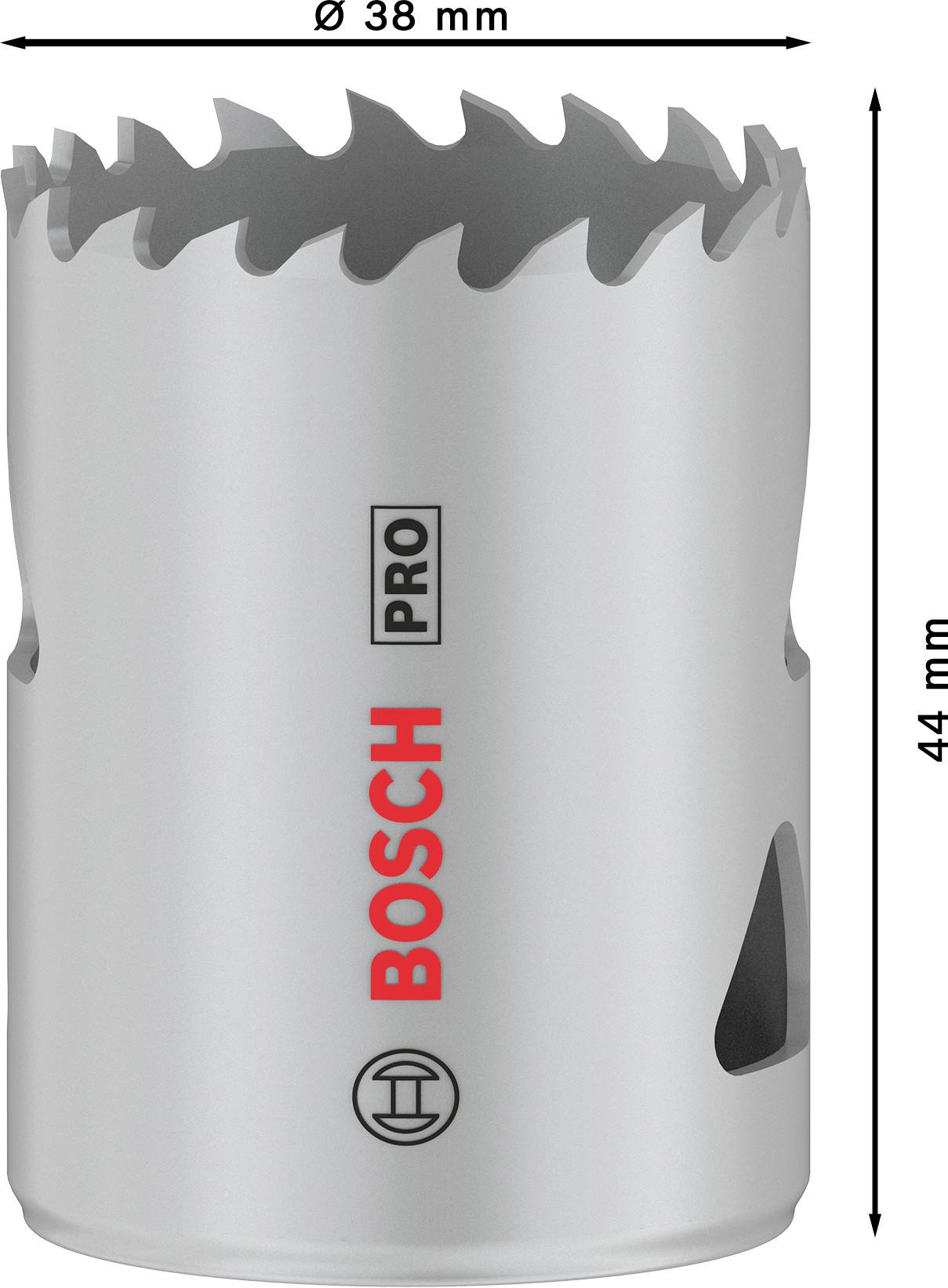 Pilový kotouč s nápisem "Bosch Pro". Průměr 38 mm, výška 44 mm. Šedý kov se zuby na horním okraji.