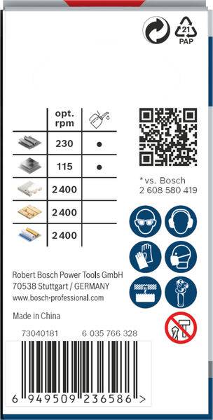 Obalový štítek s údaji o otáčkách pro pilové listy: 230, 115, 230, 2400. Logo Bosch, QR kód a bezpečnostní ikony.