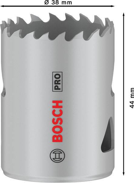Šedá Bosch Pro děrovka o průměru 38 mm a délce 44 mm, vhodná pro vrtání do různých materiálů.
