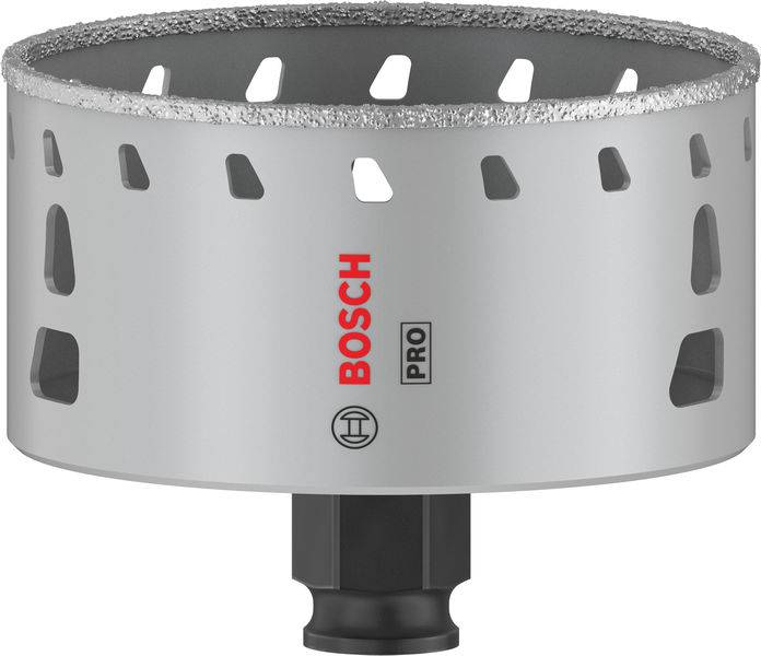 Stříbrná děrovací pila s diamantovým povrchem, značky 'Bosch Pro', s několika pravidelnými drážkami po stranách pro efektivnější řezání.