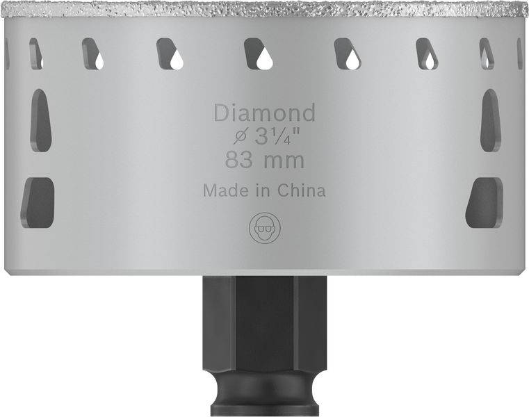 Kovový nástavec vrtáku s diamantem osázeným ostřím, průměr 83 mm, nápis: 'Diamond 3 1/4", 83 mm, Vyrobeno v Číně.'