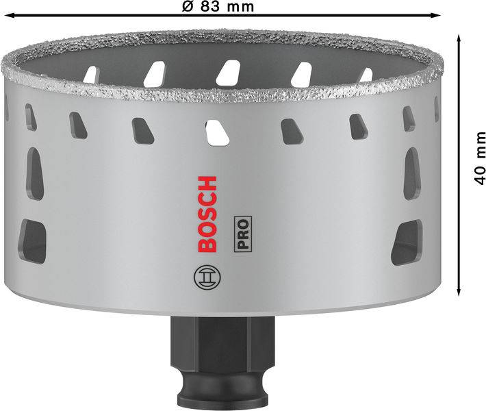 Bosch děrovací pila o průměru 83 mm a výšce 40 mm, vhodná pro přesné vrtání v různých materiálech.