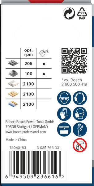 Zadní strana obalu s tabulkou optimálních otáček za minutu pro různé materiály a QR kódem; ochranné bezpečnostní piktogramy a čárový kód.