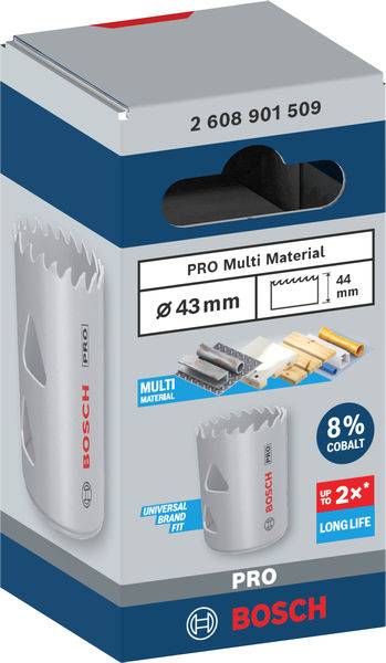 Vrtací děrovka Bosch, 43 mm, pro víceúčelové materiály, 8% kobalt, slibuje dvojnásobnou životnost, číslo artiklu nahoře.
