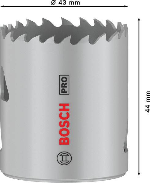 Děrovka 'BOSCH PRO', průměr 43 mm, délka 44 mm, s ozubenou řeznou hlavou pro přesné vrtání do různých materiálů.
