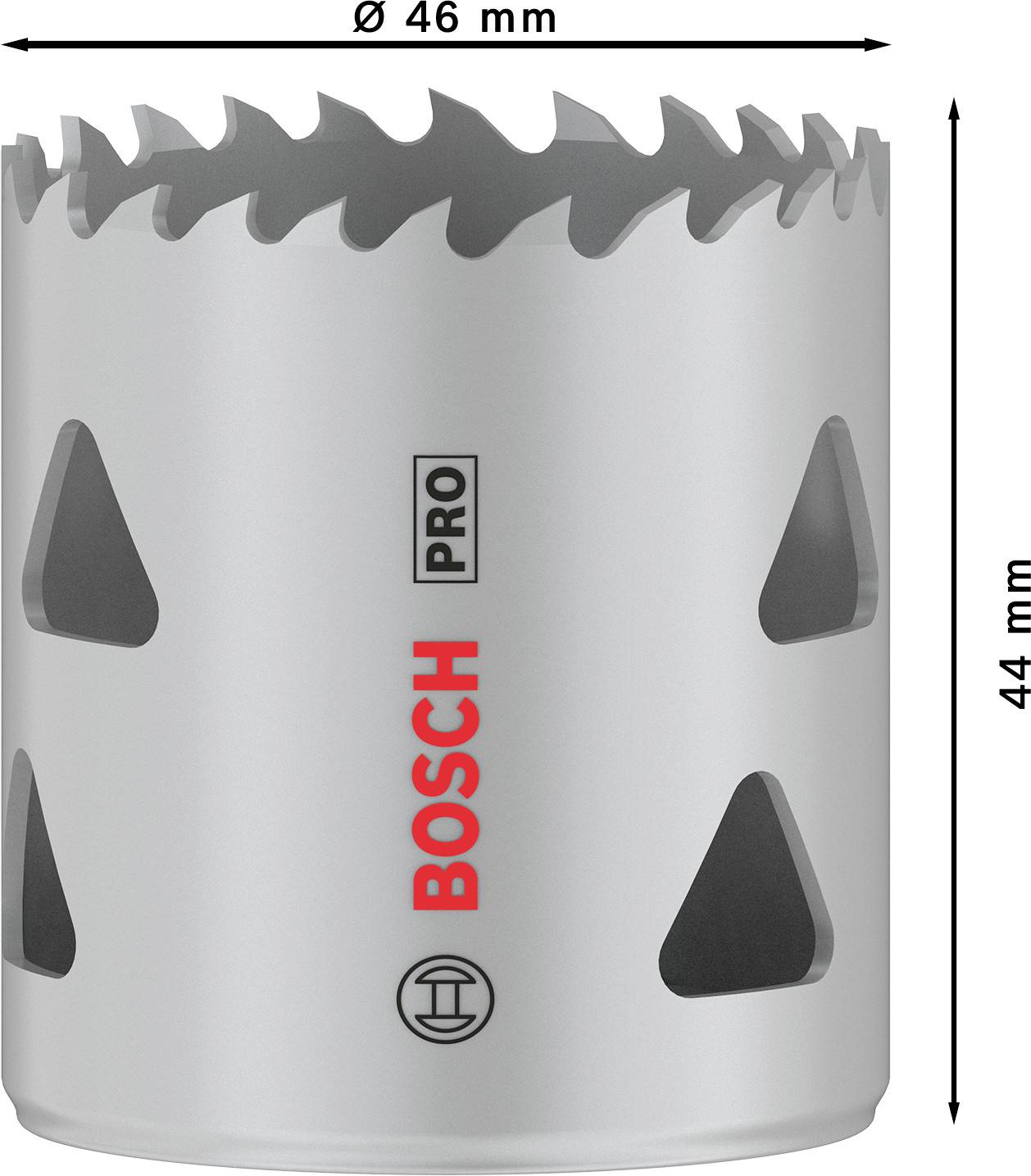 Profesionální děrovka Bosch, Ø 46 mm, výška 44 mm, metalicky stříbrná se zubovitým ostřím, vhodná pro přesné vrtání do různých materiálů.