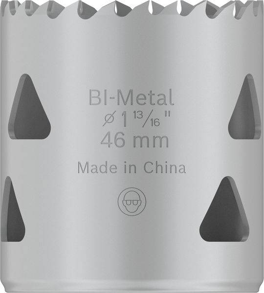 Stříbrná děrovací pila s nápisem 'Bi-Metal', průměr '46 mm', vyrobená v Číně. Vroubkovaný okraj na horním okraji.